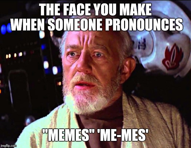 Incorrect pronunciation  | THE FACE YOU MAKE WHEN SOMEONE PRONOUNCES; "MEMES" 'ME-MES' | image tagged in disturbance in the force | made w/ Imgflip meme maker