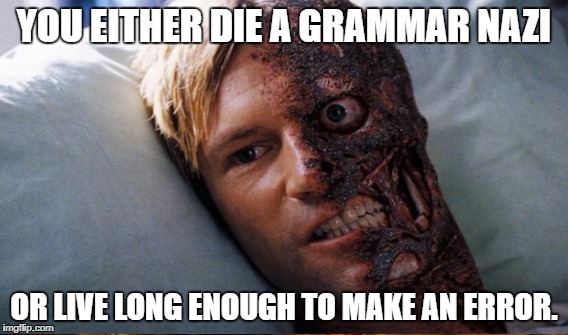 YOU EITHER DIE A GRAMMAR NAZI OR LIVE LONG ENOUGH TO MAKE AN ERROR. | made w/ Imgflip meme maker