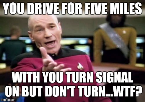 Picard Wtf | YOU DRIVE FOR FIVE MILES; WITH YOU TURN SIGNAL ON BUT DON'T TURN...WTF? | image tagged in memes,picard wtf | made w/ Imgflip meme maker