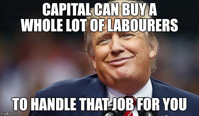 Trump Oopsie | CAPITAL CAN BUY A WHOLE LOT OF LABOURERS TO HANDLE THAT JOB FOR YOU | image tagged in trump oopsie | made w/ Imgflip meme maker