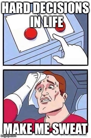 Two Buttons Meme | HARD DECISIONS IN LIFE; MAKE ME SWEAT | image tagged in two buttons | made w/ Imgflip meme maker