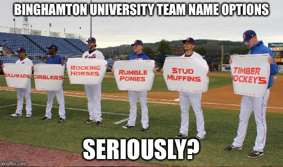 Binghamton Rumble Ponies | BINGHAMTON UNIVERSITY TEAM NAME OPTIONS; SERIOUSLY? | image tagged in funniest memes,first world problems,memes,funny memes,donald trump,gifs | made w/ Imgflip meme maker