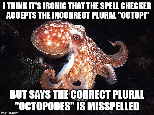 Yes, octopi is incorrect, you uncultured swines! | I THINK IT'S IRONIC THAT THE SPELL CHECKER ACCEPTS THE INCORRECT PLURAL "OCTOPI"; BUT SAYS THE CORRECT PLURAL "OCTOPODES" IS MISSPELLED | image tagged in memes,octopus,misspelled,grammar nazi week | made w/ Imgflip meme maker