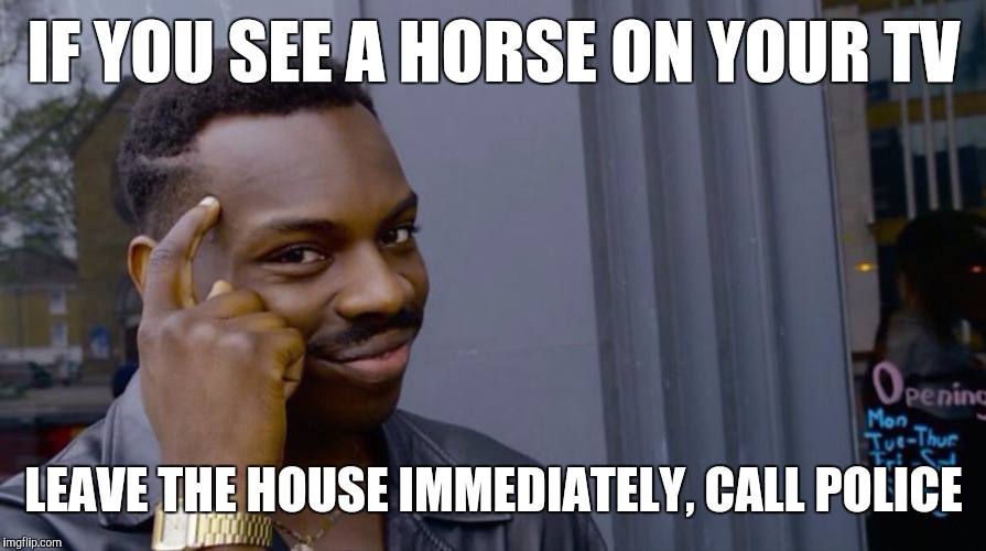 A  Public  Service  Announcement | IF YOU SEE A HORSE ON YOUR TV; LEAVE THE HOUSE IMMEDIATELY, CALL POLICE | image tagged in memes,eddie murphy | made w/ Imgflip meme maker