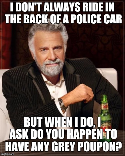 The Most Interesting Man In The World Meme | I DON'T ALWAYS RIDE IN THE BACK OF A POLICE CAR; BUT WHEN I DO, I ASK DO YOU HAPPEN TO HAVE ANY GREY POUPON? | image tagged in memes,the most interesting man in the world | made w/ Imgflip meme maker