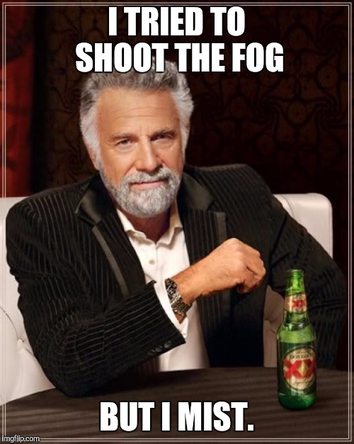 The Most Interesting Man In The World Meme | I TRIED TO SHOOT THE FOG; BUT I MIST. | image tagged in memes,the most interesting man in the world | made w/ Imgflip meme maker