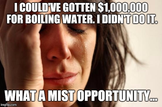 First World Problems Meme | I COULD'VE GOTTEN $1,000,000 FOR BOILING WATER. I DIDN'T DO IT. WHAT A MIST OPPORTUNITY... | image tagged in memes,first world problems | made w/ Imgflip meme maker