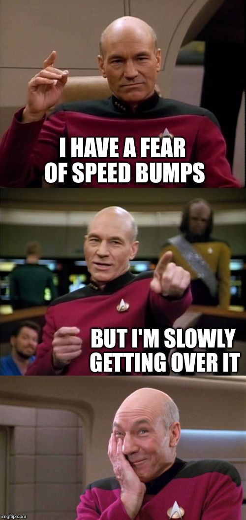 Bad Pun Picard | I HAVE A FEAR OF SPEED BUMPS; BUT I'M SLOWLY GETTING OVER IT | image tagged in bad pun picard | made w/ Imgflip meme maker