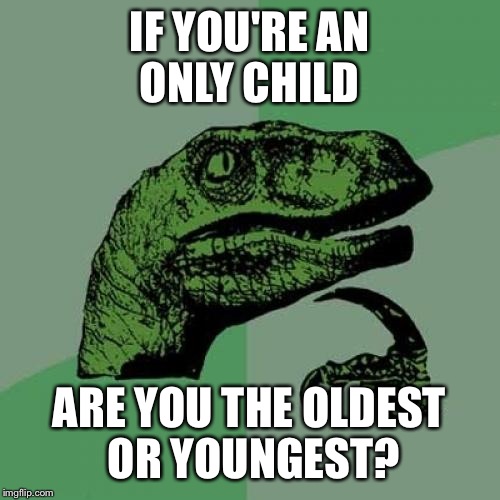 Philosoraptor | IF YOU'RE AN ONLY CHILD; ARE YOU THE OLDEST OR YOUNGEST? | image tagged in memes,philosoraptor | made w/ Imgflip meme maker