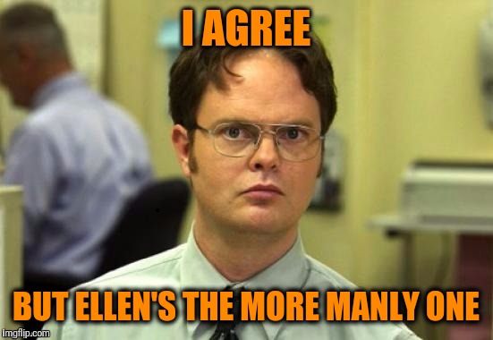 dwight | I AGREE BUT ELLEN'S THE MORE MANLY ONE | image tagged in dwight | made w/ Imgflip meme maker