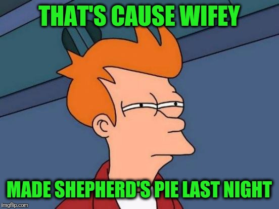 Futurama Fry Meme | THAT'S CAUSE WIFEY MADE SHEPHERD'S PIE LAST NIGHT | image tagged in memes,futurama fry | made w/ Imgflip meme maker