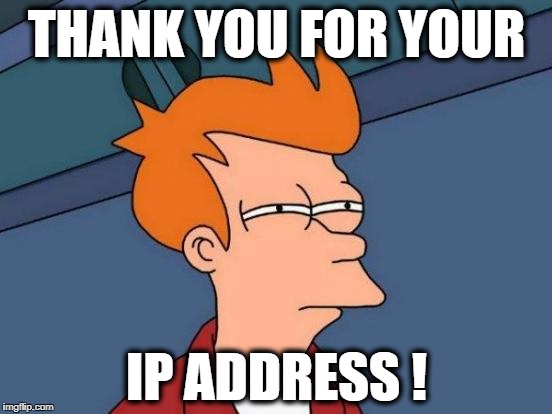 Futurama Fry Meme | THANK YOU FOR YOUR; IP ADDRESS ! | image tagged in memes,futurama fry | made w/ Imgflip meme maker