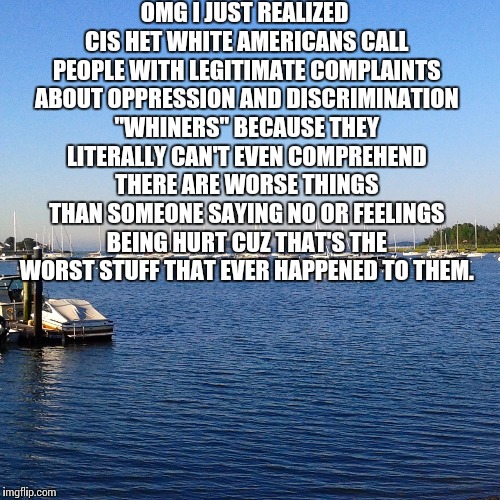 OMG I JUST REALIZED CIS HET WHITE AMERICANS CALL PEOPLE WITH LEGITIMATE COMPLAINTS ABOUT OPPRESSION AND DISCRIMINATION "WHINERS" BECAUSE THEY LITERALLY CAN'T EVEN COMPREHEND THERE ARE WORSE THINGS THAN SOMEONE SAYING NO OR FEELINGS BEING HURT CUZ THAT'S THE WORST STUFF THAT EVER HAPPENED TO THEM. | image tagged in comfort | made w/ Imgflip meme maker