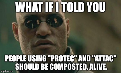 Matrix Morpheus Meme | WHAT IF I TOLD YOU PEOPLE USING "PROTEC" AND "ATTAC" SHOULD BE COMPOSTED, ALIVE. | image tagged in memes,matrix morpheus | made w/ Imgflip meme maker