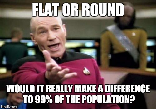 Picard Wtf Meme | FLAT OR ROUND WOULD IT REALLY MAKE A DIFFERENCE TO 99% OF THE POPULATION? | image tagged in memes,picard wtf | made w/ Imgflip meme maker