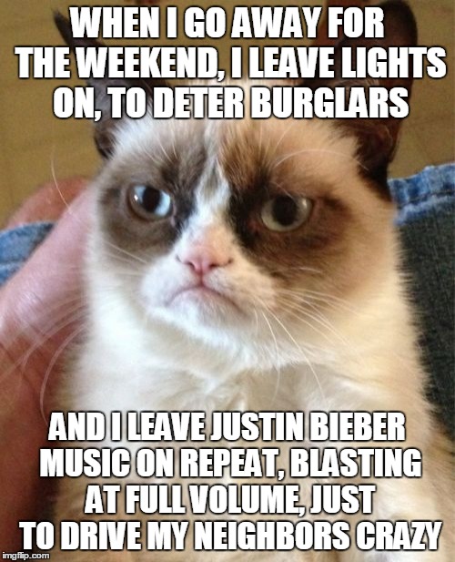 Un-belieb-able! | WHEN I GO AWAY FOR THE WEEKEND, I LEAVE LIGHTS ON, TO DETER BURGLARS; AND I LEAVE JUSTIN BIEBER MUSIC ON REPEAT, BLASTING AT FULL VOLUME, JUST TO DRIVE MY NEIGHBORS CRAZY | image tagged in memes,grumpy cat,justin bieber,music,wrong neighborhood,life hack | made w/ Imgflip meme maker