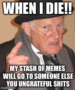 Back In My Day Meme | WHEN I DIE!! MY STASH OF MEMES WILL GO TO SOMEONE ELSE YOU UNGRATEFUL SHITS | image tagged in memes,back in my day | made w/ Imgflip meme maker