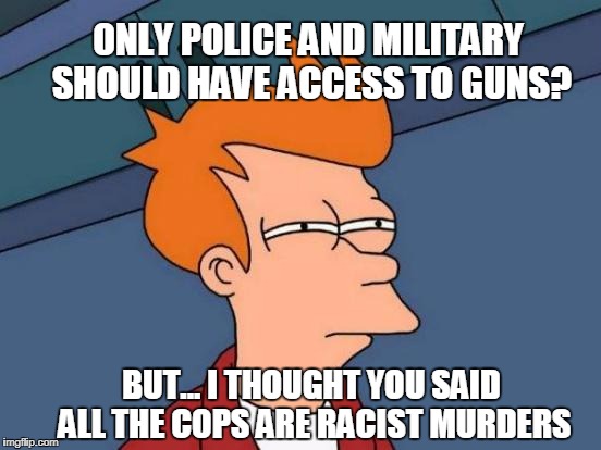 Futurama Fry | ONLY POLICE AND MILITARY SHOULD HAVE ACCESS TO GUNS? BUT... I THOUGHT YOU SAID ALL THE COPS ARE RACIST MURDERS | image tagged in memes,futurama fry | made w/ Imgflip meme maker