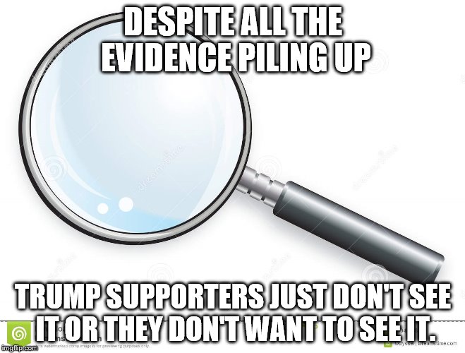 Magnifying Glass | DESPITE ALL THE EVIDENCE PILING UP; TRUMP SUPPORTERS JUST DON'T SEE IT OR THEY DON'T WANT TO SEE IT. | image tagged in magnifying glass | made w/ Imgflip meme maker