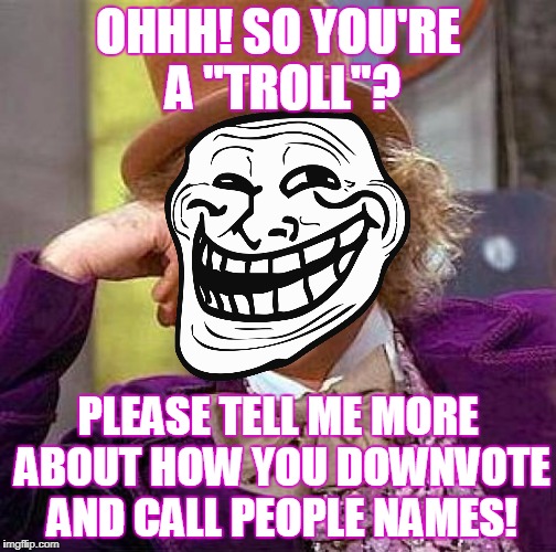 If you are really a troll and not just a nuisance, leave one of your best troll memes in the comments.  | OHHH! SO YOU'RE A "TROLL"? PLEASE TELL ME MORE ABOUT HOW YOU DOWNVOTE AND CALL PEOPLE NAMES! | image tagged in memes,creepy condescending wonka,trolling,troll face,imgflip trolls | made w/ Imgflip meme maker