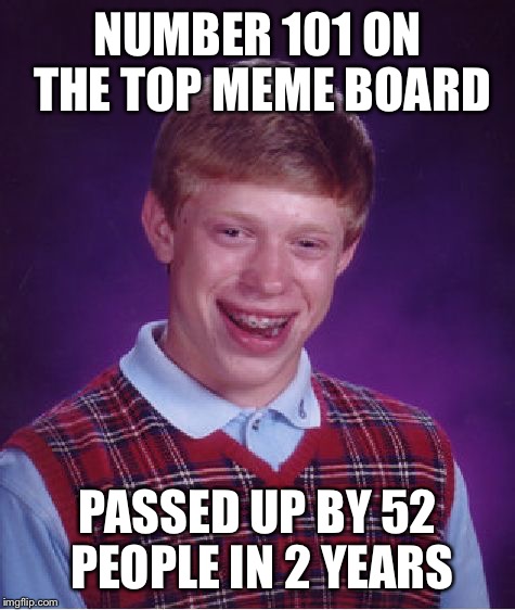 Bad Lyck Brian: always the memer, but never in the top 100 | NUMBER 101 ON THE TOP MEME BOARD; PASSED UP BY 52 PEOPLE IN 2 YEARS | image tagged in memes,bad luck brian,top 100 board,101,passed up | made w/ Imgflip meme maker