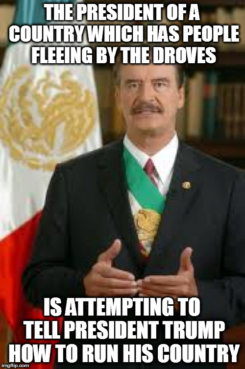 THE PRESIDENT OF A COUNTRY WHICH HAS PEOPLE FLEEING BY THE DROVES; IS ATTEMPTING TO TELL PRESIDENT TRUMP HOW TO RUN HIS COUNTRY | image tagged in vicente fox mexico president donald don trump america drug cartel illegal aliens border wall | made w/ Imgflip meme maker