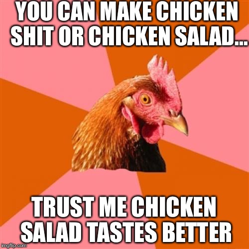 Anti Joke Chicken Meme | YOU CAN MAKE CHICKEN SHIT OR CHICKEN SALAD... TRUST ME CHICKEN SALAD TASTES BETTER | image tagged in memes,anti joke chicken | made w/ Imgflip meme maker