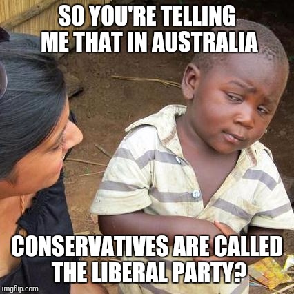 Third World Skeptical Kid Meme | SO YOU'RE TELLING ME THAT IN AUSTRALIA; CONSERVATIVES ARE CALLED THE LIBERAL PARTY? | image tagged in memes,third world skeptical kid | made w/ Imgflip meme maker