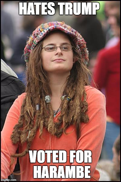 College Liberal Meme | HATES TRUMP; VOTED FOR HARAMBE | image tagged in memes,college liberal,donald trump | made w/ Imgflip meme maker