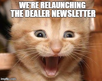 Excited Cat Meme | WE'RE RELAUNCHING; THE DEALER NEWSLETTER | image tagged in memes,excited cat | made w/ Imgflip meme maker