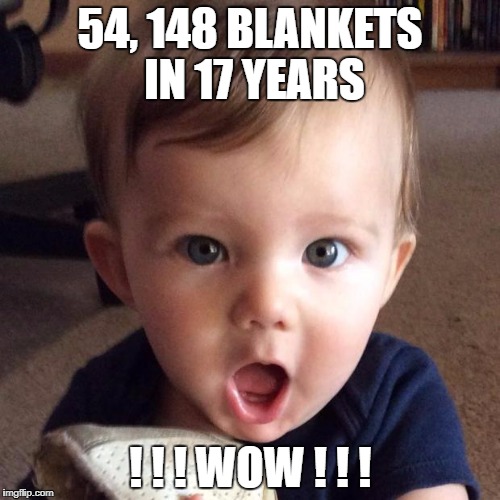 Amazed Closeup | 54, 148 BLANKETS IN 17 YEARS; ! ! ! WOW ! ! ! | image tagged in amazed closeup | made w/ Imgflip meme maker