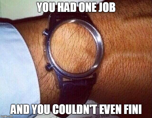 empty wristwatch | YOU HAD ONE JOB; AND YOU COULDN'T EVEN FINI | image tagged in empty wristwatch | made w/ Imgflip meme maker