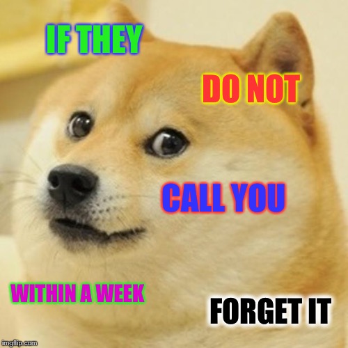 Doge Meme | IF THEY DO NOT CALL YOU WITHIN A WEEK FORGET IT | image tagged in memes,doge | made w/ Imgflip meme maker