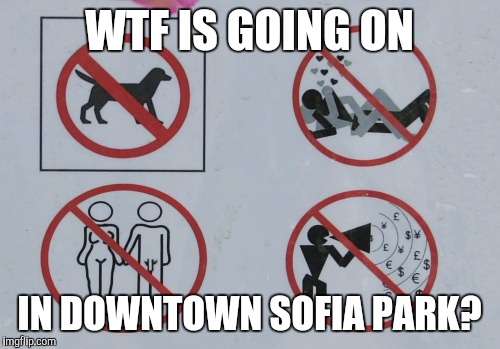 I'd really like to know what these Sofia Park NO signs mean and what made them necessary | WTF IS GOING ON; IN DOWNTOWN SOFIA PARK? | image tagged in no signs,memes | made w/ Imgflip meme maker