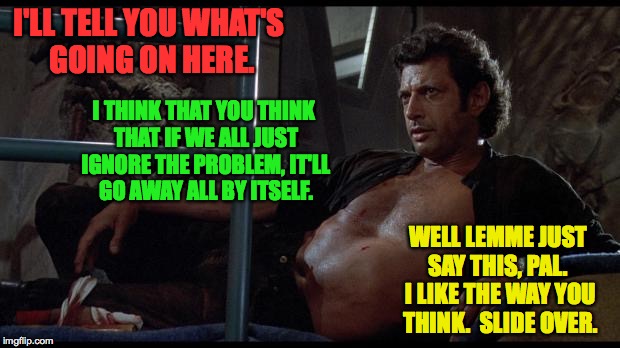 Jeff Goldblum goes apolitical | I'LL TELL YOU WHAT'S GOING ON HERE. I THINK THAT YOU THINK THAT IF WE ALL JUST IGNORE THE PROBLEM, IT'LL GO AWAY ALL BY ITSELF. WELL LEMME J | image tagged in jeff goldblum,political memes,jeff goldblum waiting,waiting skeleton | made w/ Imgflip meme maker