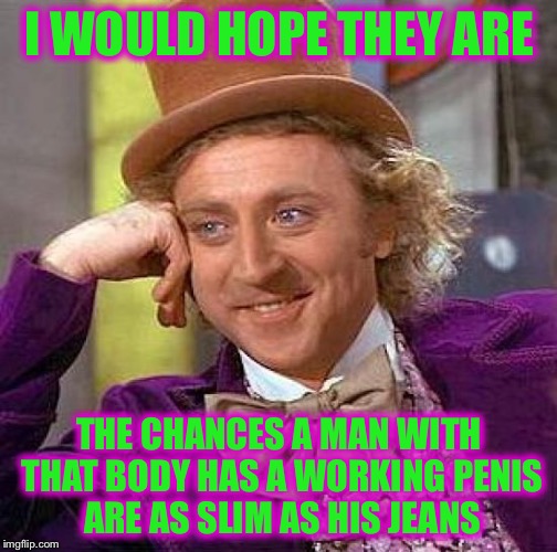 Creepy Condescending Wonka Meme | I WOULD HOPE THEY ARE THE CHANCES A MAN WITH THAT BODY HAS A WORKING P**IS ARE AS SLIM AS HIS JEANS | image tagged in memes,creepy condescending wonka | made w/ Imgflip meme maker