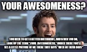 YOUR AWESOMENESS? YOU NEED TO GET A BETTER DICTIONARY, AND WHEN YOU DO, LOOK UP THE TERM "YOUR  AWESOMENESS," UNDER THERE YOU'LL SEE A LITTL | made w/ Imgflip meme maker