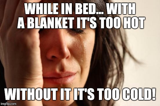 The blanket paradox | WHILE IN BED... WITH A BLANKET IT'S TOO HOT; WITHOUT IT IT'S TOO COLD! | image tagged in memes,first world problems,bed | made w/ Imgflip meme maker