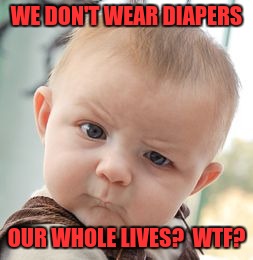 Skeptical Baby Meme | WE DON'T WEAR DIAPERS; OUR WHOLE LIVES?  WTF? | image tagged in memes,skeptical baby | made w/ Imgflip meme maker