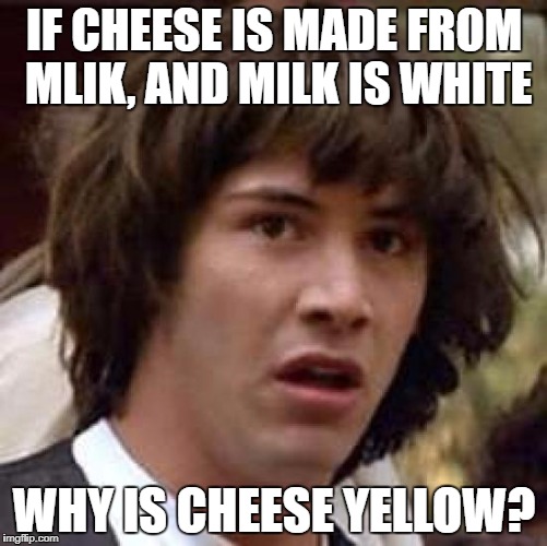 This is what life's about. | IF CHEESE IS MADE FROM MLIK, AND MILK IS WHITE; WHY IS CHEESE YELLOW? | image tagged in memes,conspiracy keanu,mystery,funny memes | made w/ Imgflip meme maker