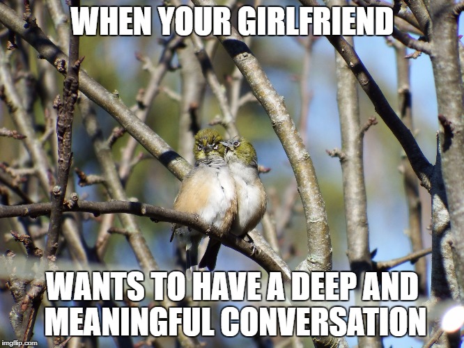 WHEN YOUR GIRLFRIEND; WANTS TO HAVE A DEEP AND MEANINGFUL CONVERSATION | image tagged in girlfriend meme | made w/ Imgflip meme maker