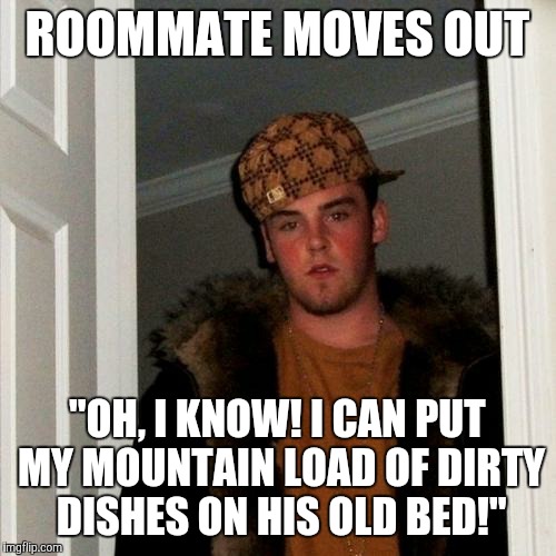 Scumbag Steve Meme | ROOMMATE MOVES OUT; "OH, I KNOW! I CAN PUT MY MOUNTAIN LOAD OF DIRTY DISHES ON HIS OLD BED!" | image tagged in memes,scumbag steve | made w/ Imgflip meme maker