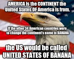 Murica Patriotic Eagle | AMERICA is the CONTINENT the United States OF America is from. If the other 34 American countries were to change the continent's name to BANANA; the US would be called UNITED STATES OF BANANA | image tagged in murica patriotic eagle | made w/ Imgflip meme maker