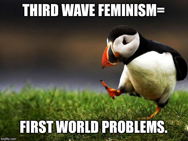 Unpopular Opinion Puffin |  THIRD WAVE FEMINISM=; FIRST WORLD PROBLEMS. | image tagged in unpopular opinion puffin | made w/ Imgflip meme maker