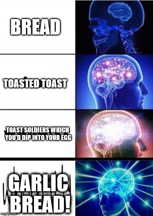 Garlicst'd've breadst'd've | BREAD; TOASTED TOAST; TOAST SOLDIERS WHICH YOU'D DIP INTO YOUR EGG; GARLIC BREAD! | image tagged in whomst'd've,memes,bread,garlic bread | made w/ Imgflip meme maker