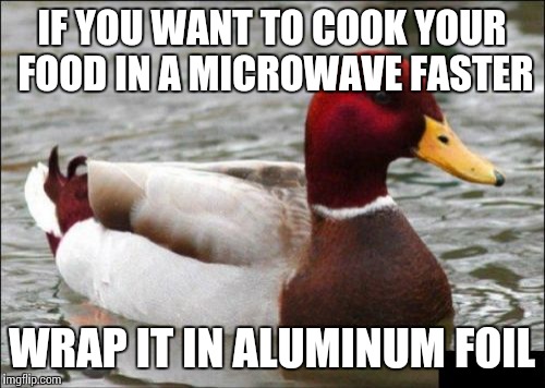 Malicious Advice Mallard Meme | IF YOU WANT TO COOK YOUR FOOD IN A MICROWAVE FASTER; WRAP IT IN ALUMINUM FOIL | image tagged in memes,malicious advice mallard | made w/ Imgflip meme maker