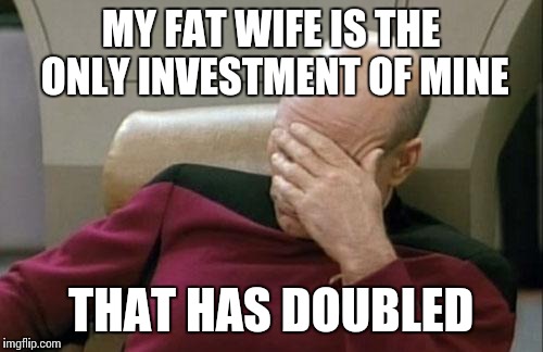 Captain Picard Facepalm | MY FAT WIFE IS THE ONLY INVESTMENT OF MINE; THAT HAS DOUBLED | image tagged in memes,captain picard facepalm,trhtimmy | made w/ Imgflip meme maker