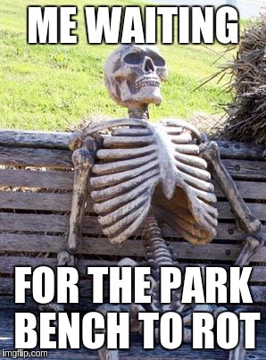 Waiting Skeleton Meme | ME WAITING; FOR THE PARK BENCH TO ROT | image tagged in memes,waiting skeleton | made w/ Imgflip meme maker