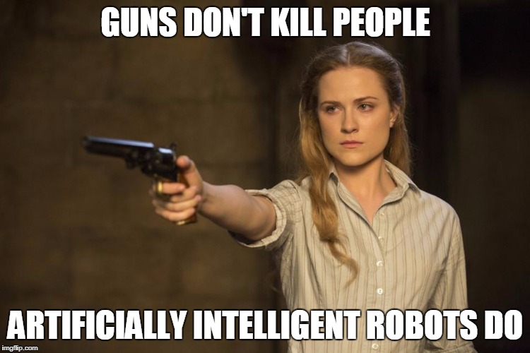 Delores | GUNS DON'T KILL PEOPLE; ARTIFICIALLY INTELLIGENT ROBOTS DO | image tagged in westworld,memes | made w/ Imgflip meme maker