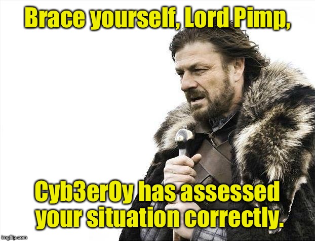 Brace Yourselves X is Coming Meme | Brace yourself, Lord Pimp, Cyb3erOy has assessed your situation correctly. | image tagged in memes,brace yourselves x is coming | made w/ Imgflip meme maker